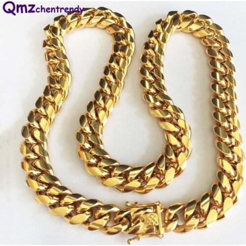 Luxury 14mm Mens Stainless Steel Gold Curb Cuban Hip Hop Chain Necklace Boys Fashion Link Dragon Casting Clasp jewelry