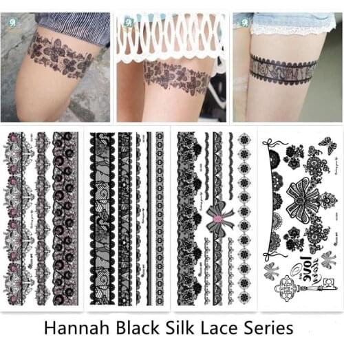 Sexy Hannah Black Flower Lace Jewelry Design Water Transfer Waterproof Temporary Tattoo Sticker For Women Body Art Fake Tattoos