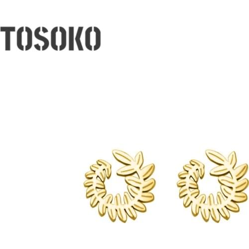 TOSOKO Stainless Steel Jewelry Leaf Earrings Female Leaves Circled Fashion Stud Earrings BSF150