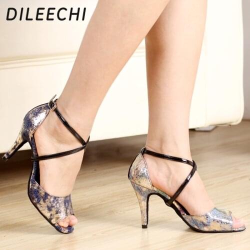 DILEECHI Brand printing PU high-heeled 8.5cm Latin dance shoes womens Ballroom dancing shoes Salsa Tango Party shoes