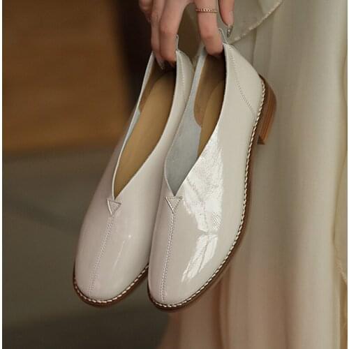 Spring/Summer Patent Leather Women Shoes Fashion Slip-On Shallow Flat Shoes Round Toe Thick Heel Handmade Shoes Woman Size 34-43