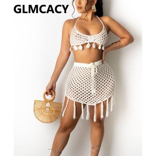 Two Piece Knitted Summer Beachwear Hollow Out Suits