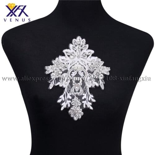 XFX VENUS 1pc women flower beaded bodice applique and rhinestone applique white mesh embroidery wedding decoration accessories