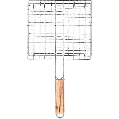 Iron Wire Barbecue Grilling Basket BBQ Net Wooden Handle Meat Fish Clip Holder BBQ Net