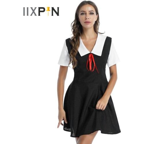 Womens School Uniform Clothing Fashion Patchwork Dress Sailor Collar Short Sleeve Flared Dresses Anime Cosplay Costume Outfits