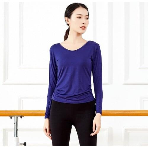 Round Neck Women Dance Shirt Long Sleeve Two Side Lacing Slim Practice Dancewear Cotton Classical Dancer Top Blouse Plus Size