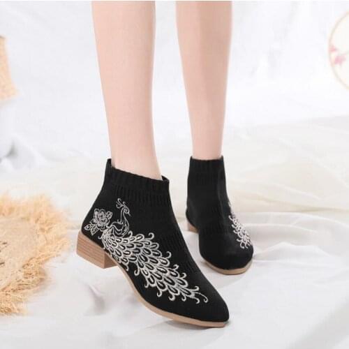 Spring Autumn New National Style Retro Thick Heels Pointed Toe Knitting Peacock Slip-On Women Ankle Short Equestrian Boots