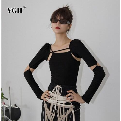VGH Two Piece Set For Women Square Collar Sleeveless Sling Backless Hollow Out Long Sleeve Lace Up Sets Female 2020 Summer New