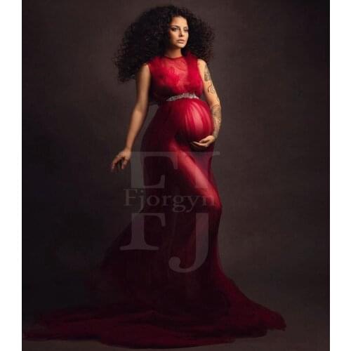 Elegant Red Tulle Maternity Dresses Jewel Neck Sheer Long Sweep Train Bridal Pregnancy Photo Shoot Dress Female Robes Free Ship