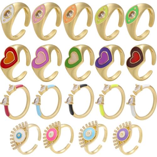 Women Ring Evil Eye Open Cuff Enamel Cubic Zirconia Lady Finger Ring Wedding Engagement Adjustable Gold Color Pink White Neon