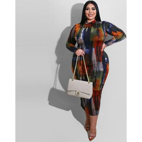 Tie Dye Plus Size Dresses for Women 4xl 5xl Sexy High Waist Crewneck Long Sleeve Bodycon Elegant Dress Wholesale Dropshipping