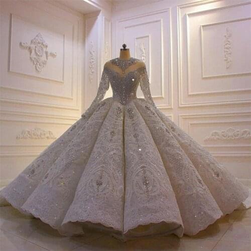 2021 Luxury Crystal Wedding Dresses Customize Vintage Ball Gown Long Sleeve Lace Sequined Sparkle vestido de novia