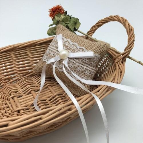 1PCS burlap & Lace Ring PillowRustic Wedding Decor vintage wedding Hessian ring pillow decoration , AA8082