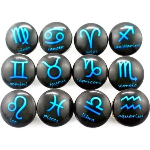 12pcs/lot Random 12 Constellations Snap Button Horoscope Glass Snap Charms Fit 18mm / 20mm DIY Replaceable Snap Bracelet Jewelry