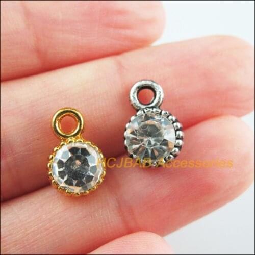 18Pcs Retro Gold Tibetan Silver Tone Round Clear Crystal Charms Pendants 8.5x13mm