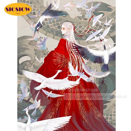 5d Diy Diamond Embroidery Full Round Crane Girl Picture Diamond Painting Chinese Cross Stitch Kit Handmade Gift Decor Girls Room