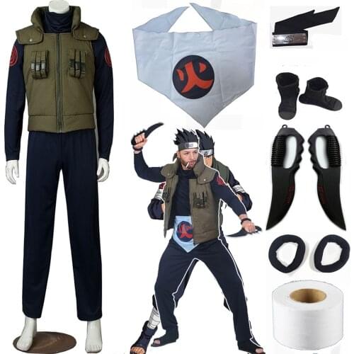 Anime Sarutobi Asuma Cosplay Costume Green Vest Shirt Pants Boots Wig Full Comic Halloween Set For Male Female Kids