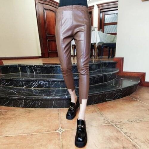 New high waist plus velvet thickening PU leather skinny pants women ankle length pencil trousers