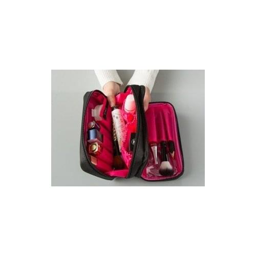 Elegant Black Nylon Double Zipper Makeup Bag, Womens Double-Sided Travel Wash Storage Bag