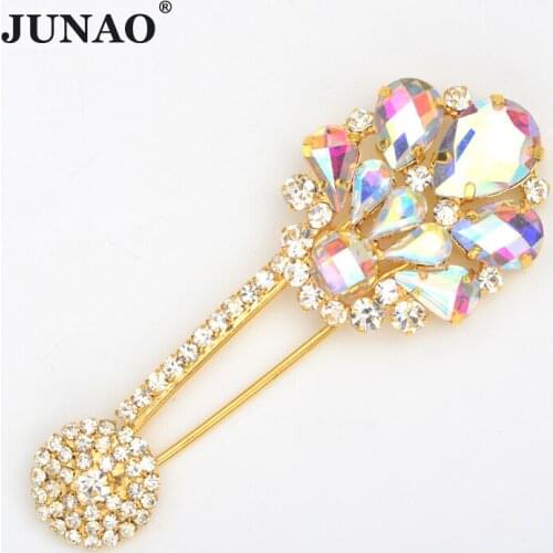 JUNAO 30x90mm Crystal AB Flower Rhinestone Brooch Pins Glass Crystal Corsage Gold Strass Appliques For Women Decoration