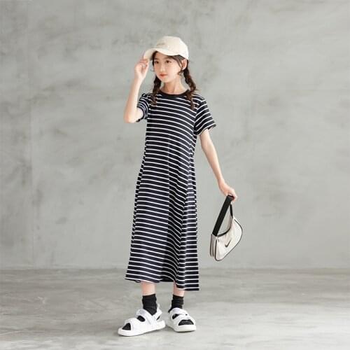 Striped Girls Summer Dress Knit Cotton Teen Maxi Dress 2021 Casual Children Kids Clothing New Fashion,#6307