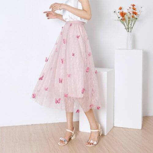 Summer Lace Long Skirts Women Korean Elegant High Waist Dancing Patched Butterfly Skirt Women