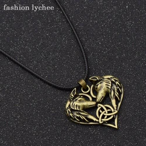 Fashion lychee Love Heart Shape Two Wolves Head Pendant Necklace For Men Vintage Black Rope Chain Necklace Trendy Jewelry