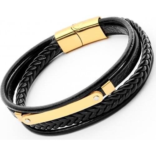 2021 Fashion Men Bracelet Steel Stainless Black Leather Charm First Class Trend Sports Jewelry Sexy Street Style Multi-Layer