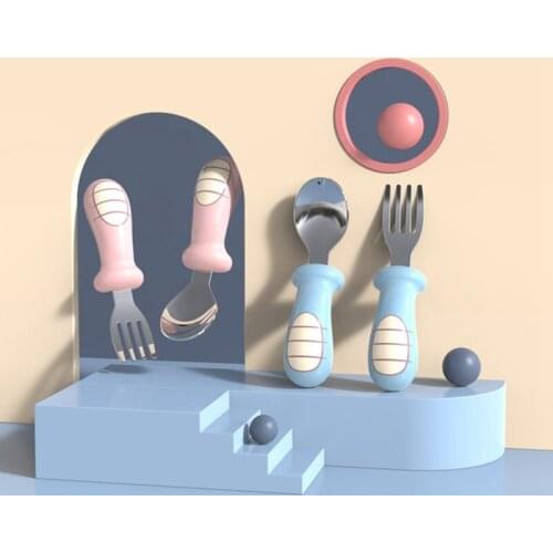 Cartoon Baby Spoon Fork Set Silicone Kids Tableware with Short Handle Portable Infant Training Spoons Forks Feeding Utensils