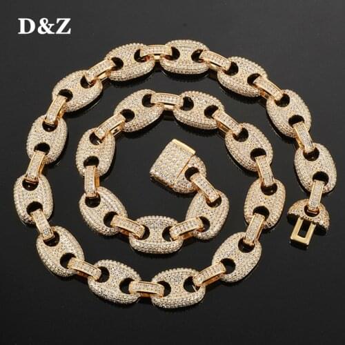 D&Z Solid Back 12mm Coffee Beans Cuban Link Chain Mens Hip Hop Necklace Link Fashion Zirconia Gold Color Fashion Rock Jewelry