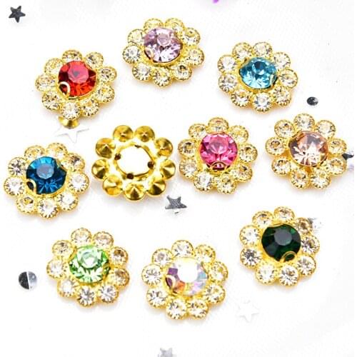 New Glass Gold Rhinestone Flower Buttom Clear Crystal Strass Sewing Wedding Dress Decoration Diy Garment/Shoes/Bags 15PCS/Pack
