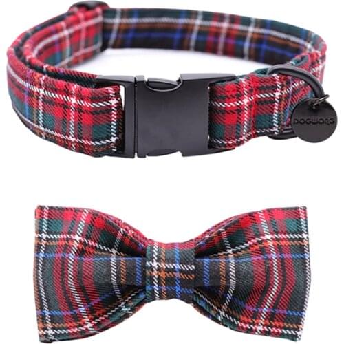 Red Plaid Dog Collar and Leash Set with Bow Tie Personal Custom Adjustable Pet Puppy 100% Cotton Dog Birthday Gift