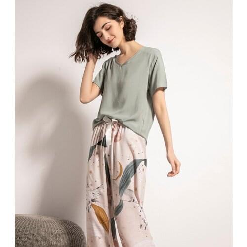 2021 Spring New Women Pajamas Set Comfort Grey Green Loose Pajamas Set Starry Sky Printed Simple Style Homewear Casual Wear