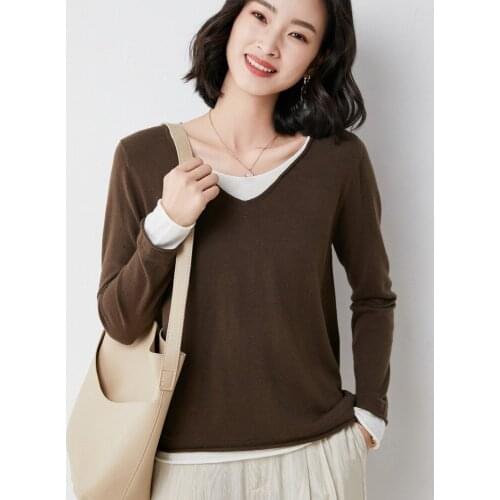 Fake Two-Piece V-neck Pullover Sweater Women Spring and Autumn Thin Loose Korean Style Long-Sleeved Wool Jacket 60113