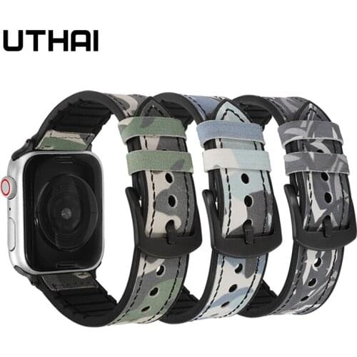 UTHAI F15 Leather & Silicone Apple Watch Band 42mm 44mm Watch Strap For Iwatch se 6 5 4 Wristband For Iwatch 3 2 1