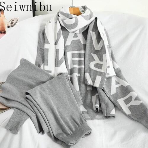 Seiwnibu 2020 Winter Women Letter Knitting Scarf Loose Sweater Pants 3pcs Knitting Suit Trendy Seasonal Loungee Wear Set