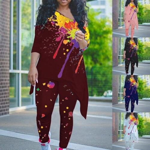 Sweatsuit T-Shirts Outfit Fashion Womens Tie-Dye Two PieceSportswear Casual Loose Graffiti Print Off-shoulder Ladies Tracksuit