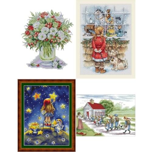 Country Four Seasons 4 counted cross stitch package flower aida 22ct 25ct 18ct 14ct 11ct black cloth people kit embroidery