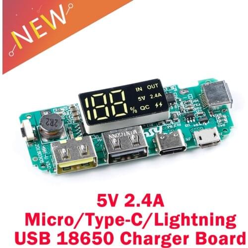 LED Dual USB 5V 2.4A Micro/Type-C/Lightning USB Power Bank 18650 Charger Board Overcharge Overdischarge Short Circuit Protection