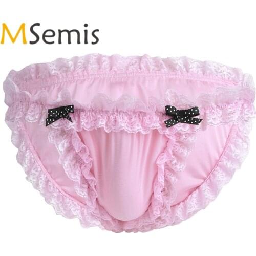 Mens Sissy Panties Lingerie Floral Lace Gay Mens Sissy Pouch Panties Sexy Bikini Briefs Underwear Underpants with Bow For Male