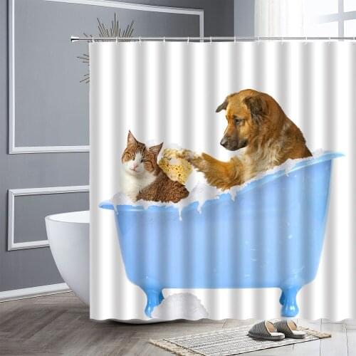 Waterproof Fabric Shower Curtain Funny Animal Cute Cat Dog Pattern Family Bathroom Decor Bathtub Screen Bath Curtains With Hooks