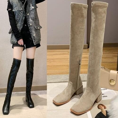 2021New Women Over The Knee Boots Square Toes Soild Shoes Woman 5cm Suede Elastic Heels Fashion Korean Ladies Boot