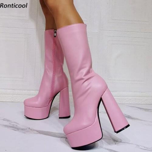 Ronticool Women Winter Mid Calf Boots Platform Side Zipper Chunky Heels Round Toe Charm Black Pink Purple Dress Shoes Size 35-47