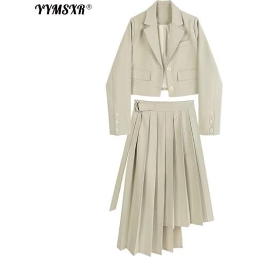 2021 New Autumn and Winter Womens Suit Skirt Two-piece Set Temperament Short Long Sleeve Ladies Jacket High Waist Pleated Skirt