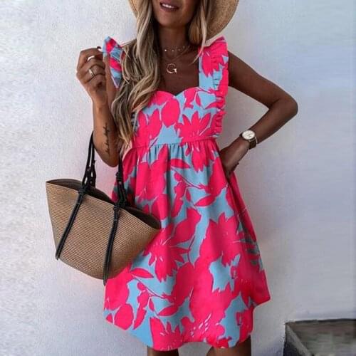 2020 New Square Collar Ruffles Dress Summer Sleeveless Floral Print Beach Dress Casual Butterfly Mini A-Line Sundress Vestidos