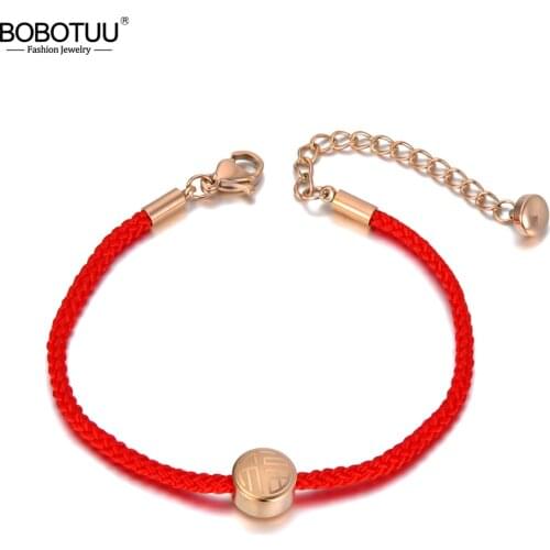 BOBOTUU Vintage Titanium Stainless Steel Chinese Style Blessing Charm Bracelet For Women Red Rope Strand Bracelet BB20012
