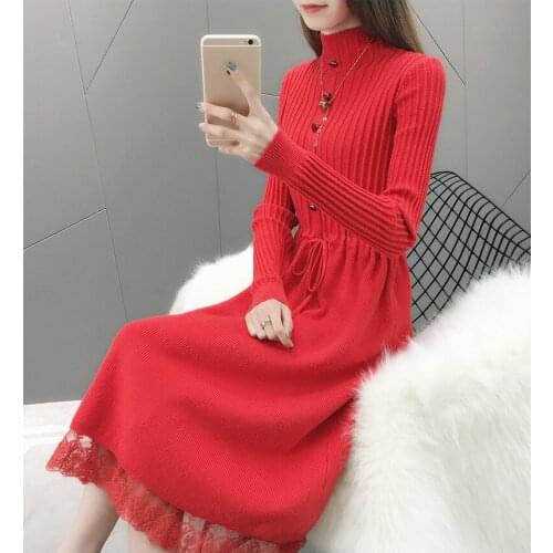 2020 Autumn and Winter New Knitwear Dress for Women Slimming Inner Long below the Knee Lace Mesh Dress for Women