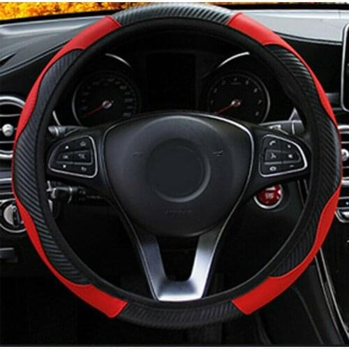 1 Pc 37~38CM Carbon Fiber Leather Car Steering Wheel Cover Non-slip Black &Red