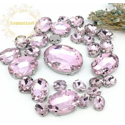 30pcs 5 SIZES NEW!!! MIX pink OVAL Size Crystal Glass Sew-on Rhinestones Silver Bottom DIY Womens Dresses and shoes