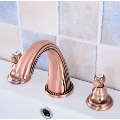 Antique Red Copper Brass Deck Mounted Widespread Bathroom Basin Faucet Sink 3 Holes Mixer Tap Dual Handles Levers asf536
